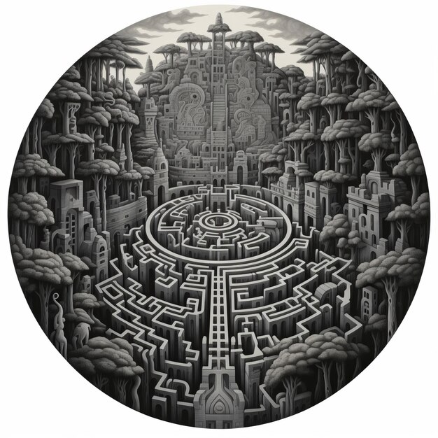 Czarno-biały grunge geometryczny labirynt plemienny surrealistyczny styl