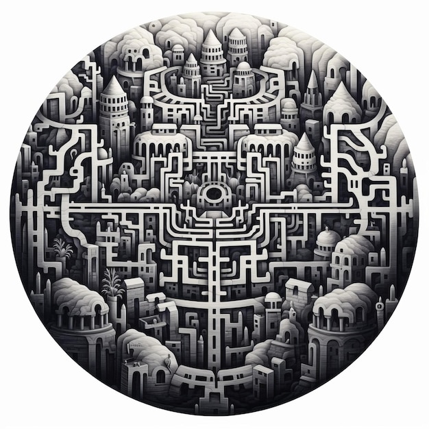 Czarno-biały grunge geometryczny labirynt plemienny surrealistyczny styl