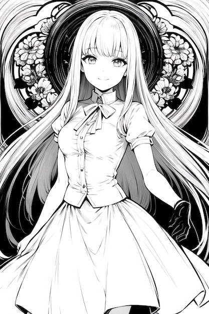 Czarno-biały jednolity kolor rysowania linii anime dziewczyna postać z kreskówki ilustracja tło