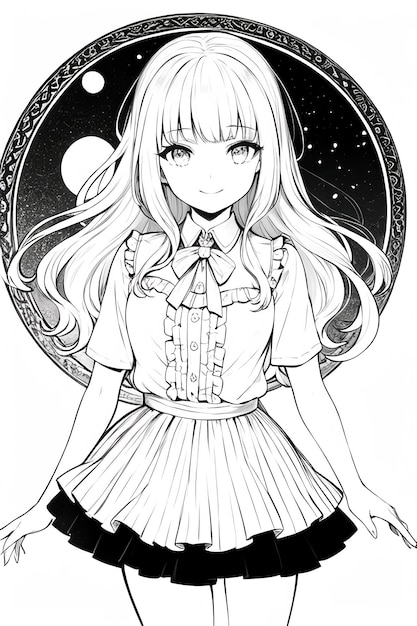 Czarno-biały jednolity kolor rysowania linii anime dziewczyna postać z kreskówki ilustracja tło