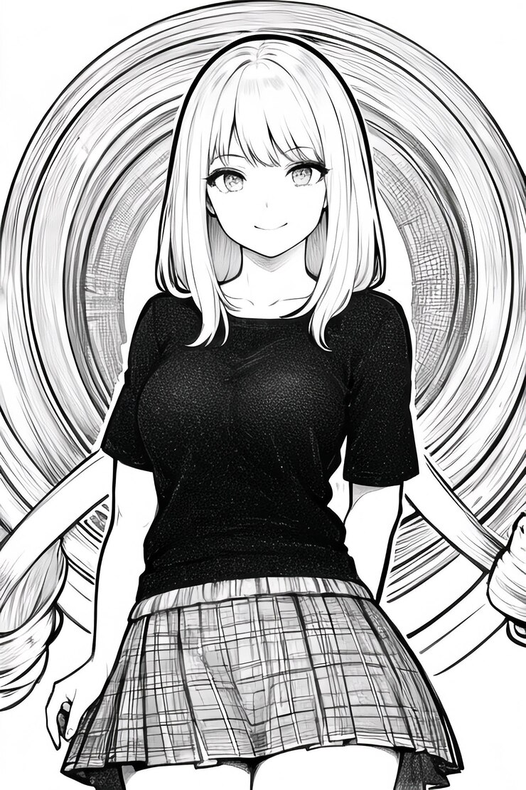 Czarno-biały jednolity kolor rysowania linii anime dziewczyna postać z kreskówki ilustracja tło