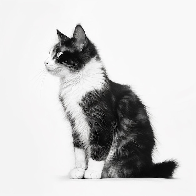 Czarno-biały kot siedzi na białej powierzchni.