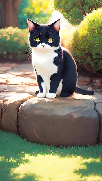 czarno-biały kot siedzi na skale w ogrodzie.