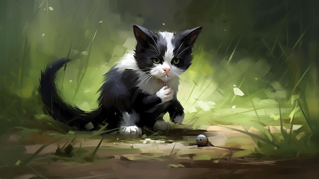 Czarno-biały kot w smokingu bawiący się zabawkową myszką wygenerowaną przez sztuczną inteligencję