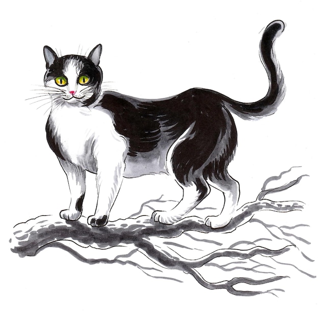 Zdjęcie czarno-biały kot z żółtymi oczami stoi na gałęzi
