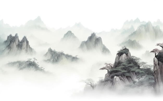 Czarno-biały krajobraz atramentu w stylu chińskim ręcznie malowana ilustracja Chiński atrament odręczny