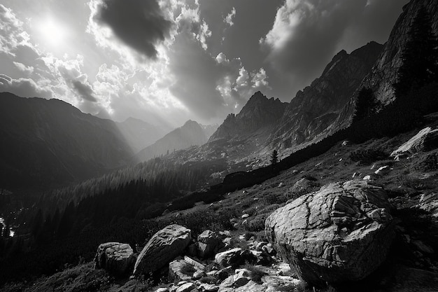 Zdjęcie czarno-biały krajobraz z górami