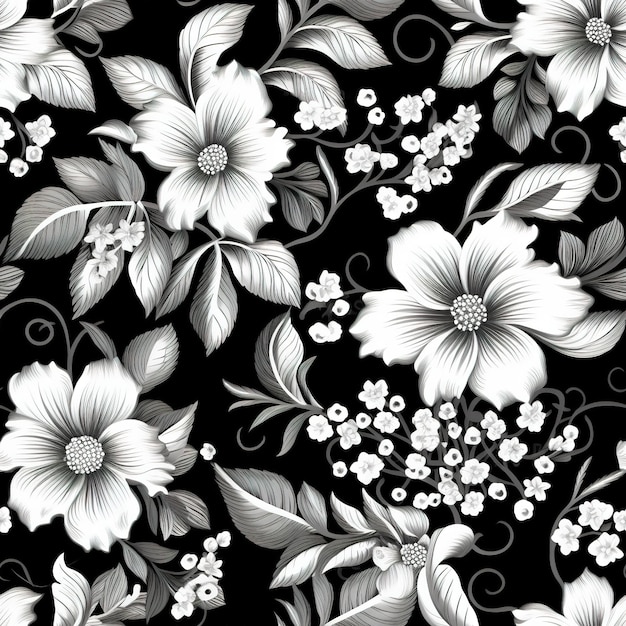 Czarno-biały kwiatowy wzór z kwiatami na czarnym tle.