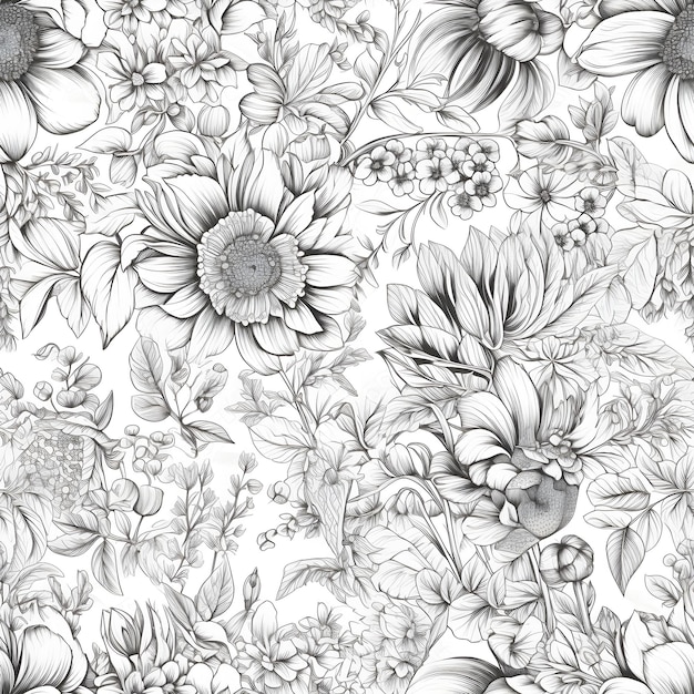 Czarno-biały kwiatowy wzór z motylem i kwiatami.