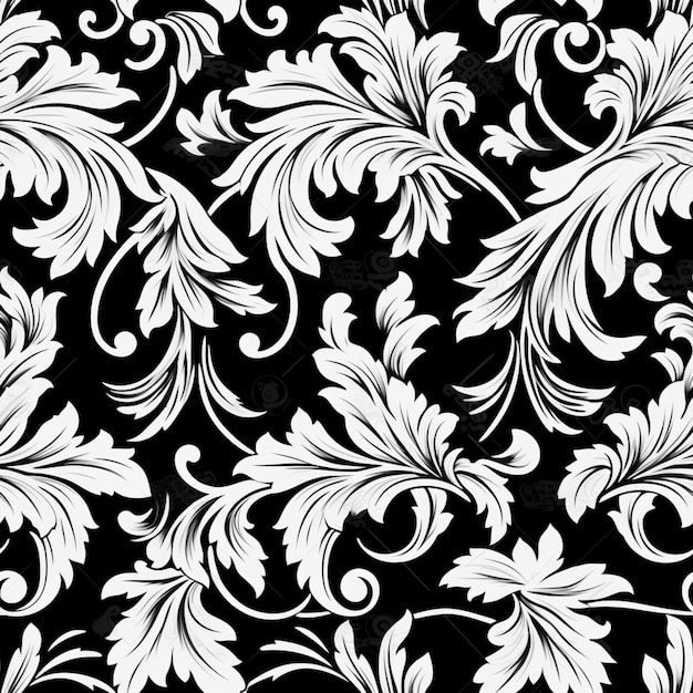 czarno-biały kwiatowy wzór z wirami i liśćmi generatywnymi ai
