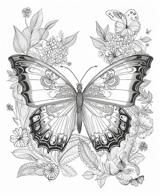 Czarno-biały motyl z kwiatami i liśćmi