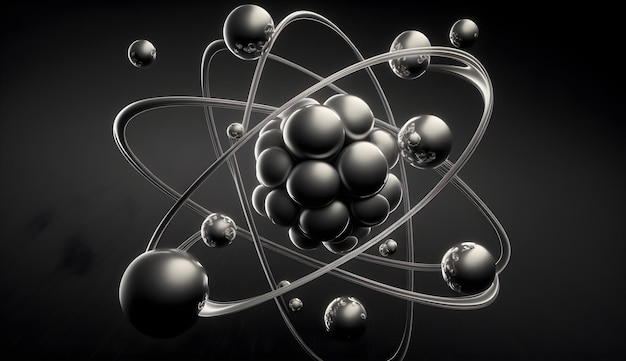 Czarno-biały obraz atomu z wirującymi protonami i elektronami