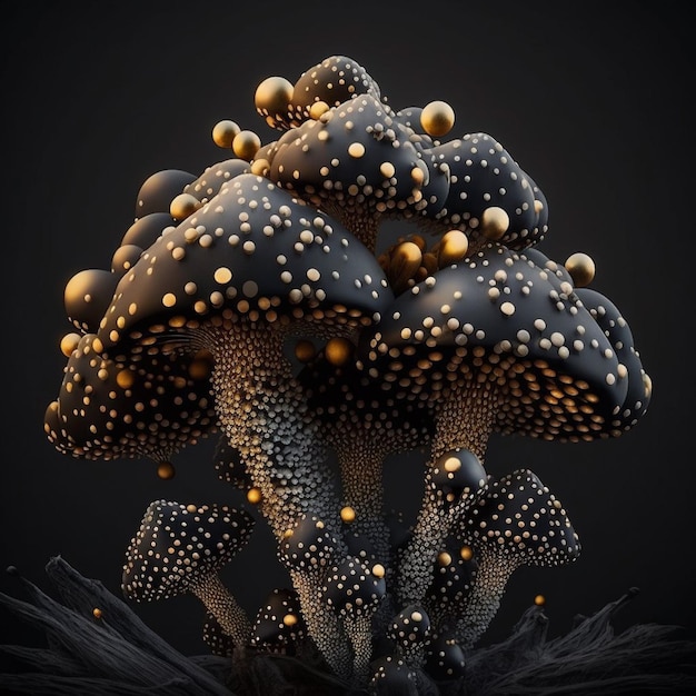 Czarno-biały obraz grzybów ze złotymi kropkami.