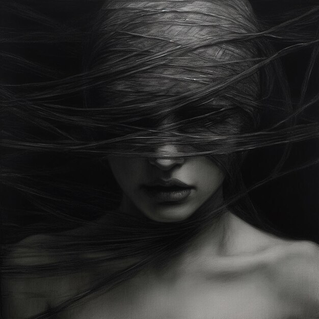 czarno-biały obraz kobiety z włosami dmuchającymi na wietrze