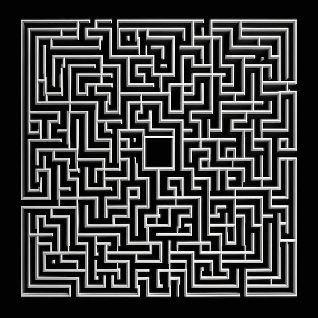 czarno-biały obraz labiryntu z czarnym tłem generatywnej AI
