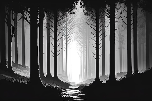Czarno-biały obraz lasu zrobiony w czasie mgły