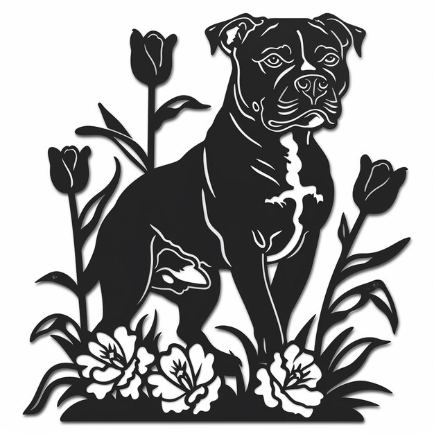 Czarno-biały obraz psa stojącego na polu kwiatów generatywny ai