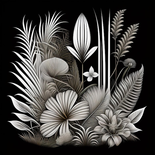 Czarno-biały obraz roślin i kwiatów.