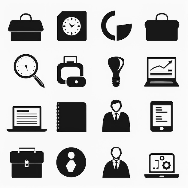 Zdjęcie czarno-biały obraz różnych ikon biznesowych, w tym zegar, zegar i zegar