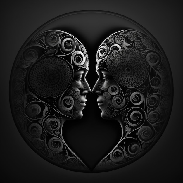 Czarno-biały obraz twarzy pary z księżycem w tle.