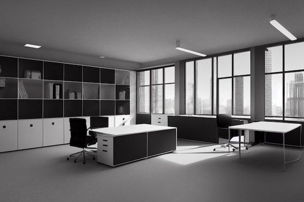 Czarno-biały obraz wnętrza biura z meblami biurkami krzesłami dużymi oknami