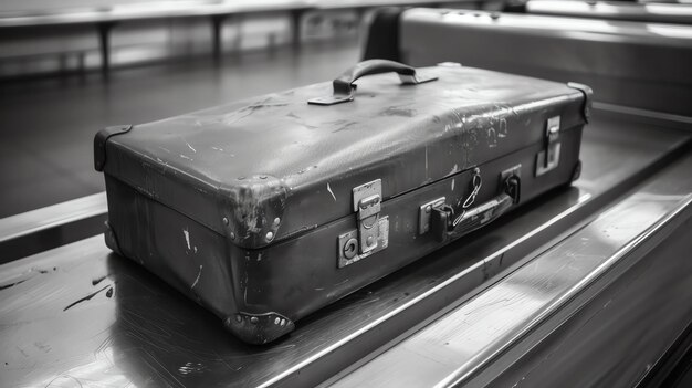 Zdjęcie czarno-biały obraz zabytkowej walizki na taśmie przenośnej na lotnisku