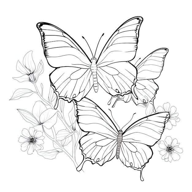 Czarno-biały obrazek do kolorowania przedstawiający motyle na kwiatach