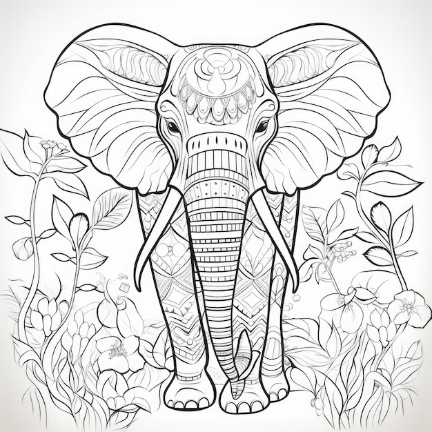 Czarno-biały obrazek do kolorowania przedstawiający słonia