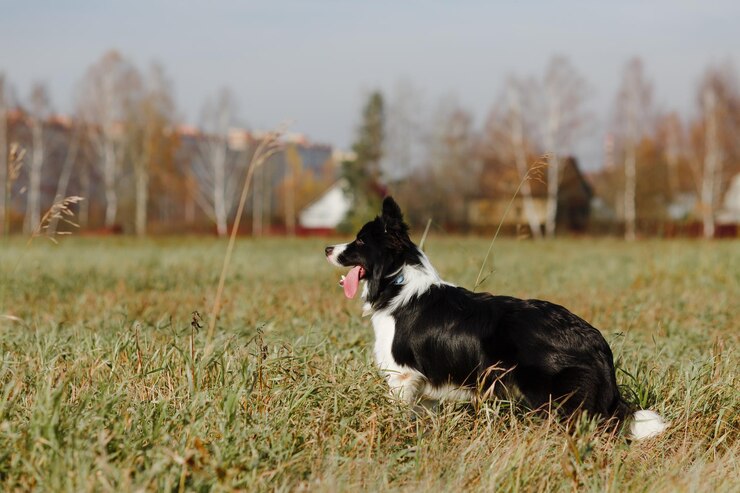Czarno-biały pies rasy border collie pozuje w terenie