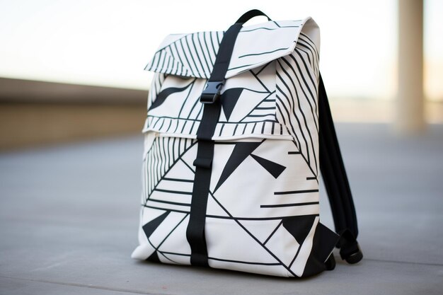 Czarno-biały plecak w geometryczny wzór ustawiony pod kątem na białym tle