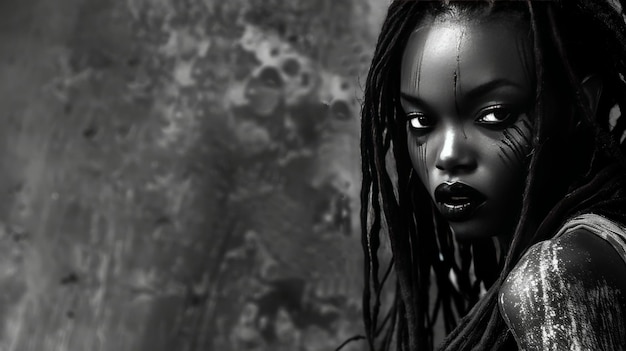 Zdjęcie czarno-biały portret afroamerykańskiej kobiety z dreadlocks