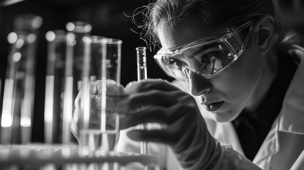 Czarno-biały portret inżynieri biotechnologicznej z ochronnymi okularami i rękawiczkami.