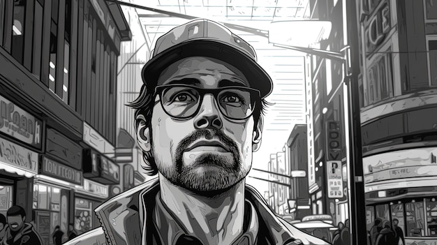 Czarno-biały portret mężczyzny w okularach na ruchliwej ulicy Koncepcja fantasy Malarstwo ilustracyjne