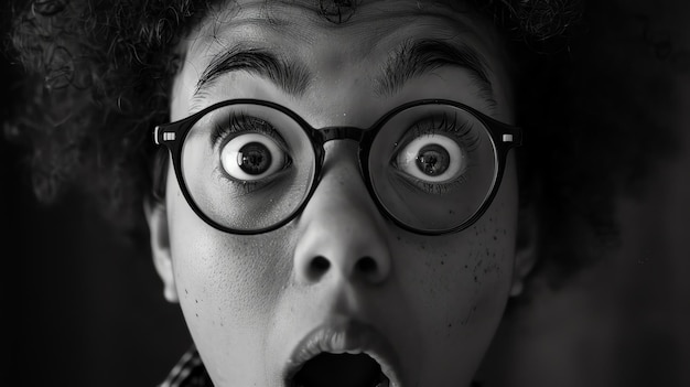 Zdjęcie czarno-biały portret zaskoczonej młodej kobiety w okularach z otwartymi ustami