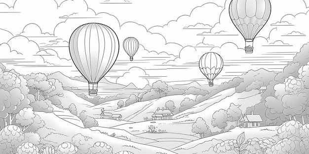 Zdjęcie czarno-biały rysunek balonów na gorące powietrze latających nad wzgórzem z chmurnym niebem na tle.