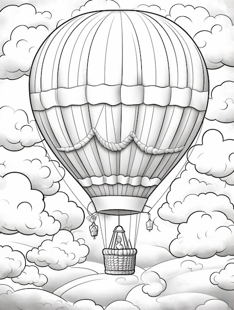 Zdjęcie czarno-biały rysunek balonu latającego przez chmury ai generative