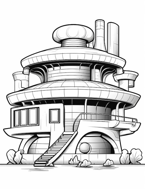 Czarno-biały rysunek budynku z generatywną ai klatki schodowej