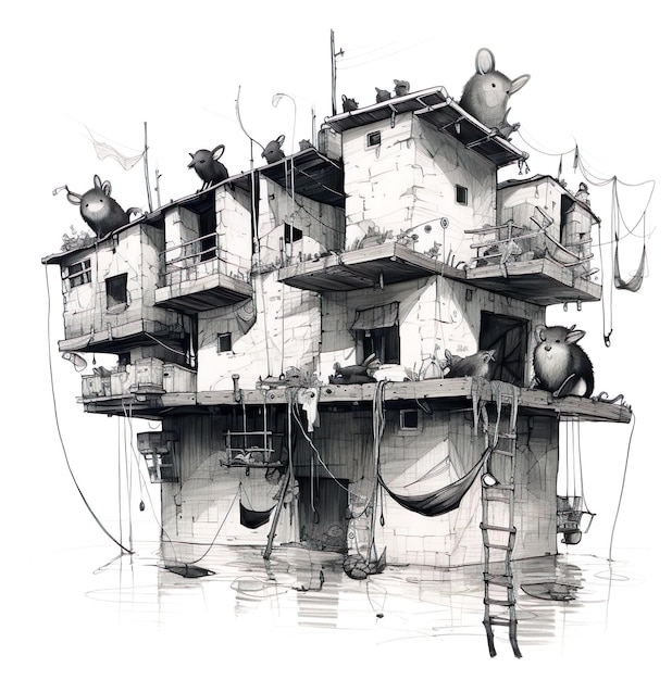 Czarno-biały rysunek budynku z rysunkiem domu z wieloma przedmiotami na nim
