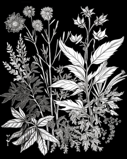 Zdjęcie czarno-biały rysunek bukietu kwiatów generatywnej ai
