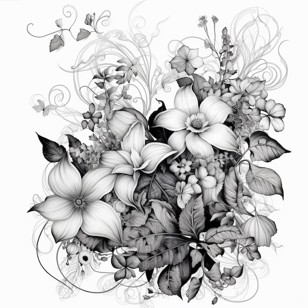 czarno-biały rysunek bukietu kwiatów generatywny ai