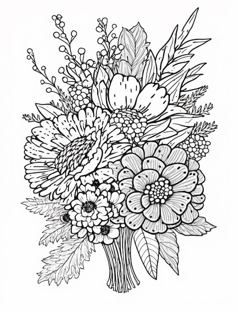 Czarno-biały rysunek bukietu kwiatów.