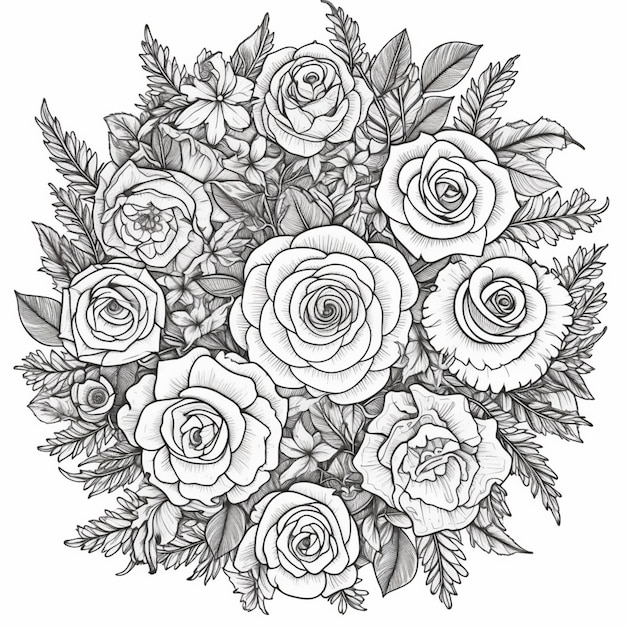 Czarno-biały rysunek bukietu róż.
