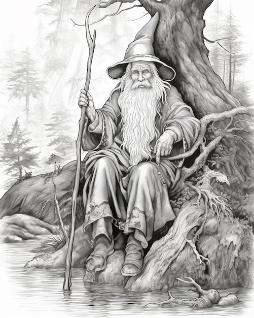 Zdjęcie czarno-biały rysunek czarodzieja siedzącego na drzewie.