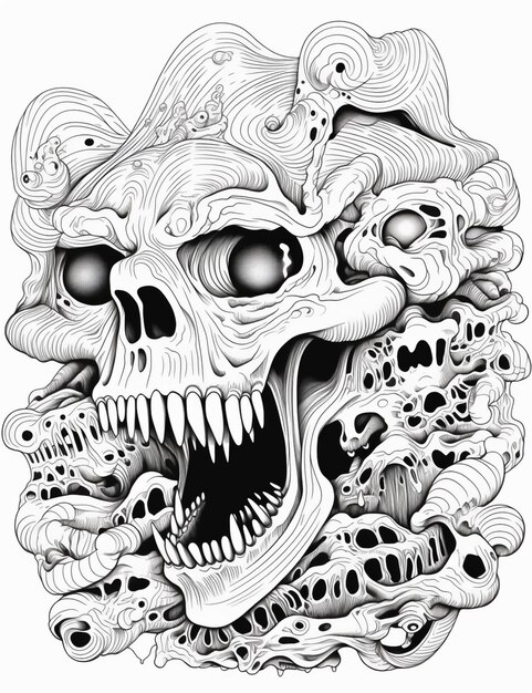 czarno-biały rysunek czaszki z dużymi ustami