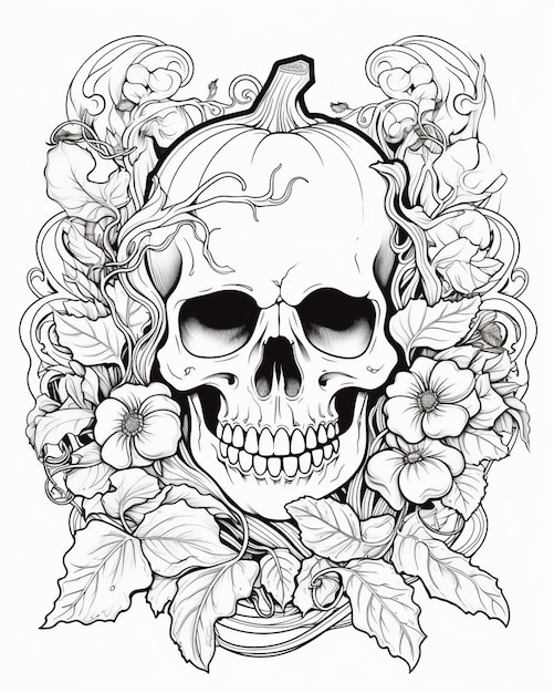 czarno-biały rysunek czaszki z kwiatami i czaszką.