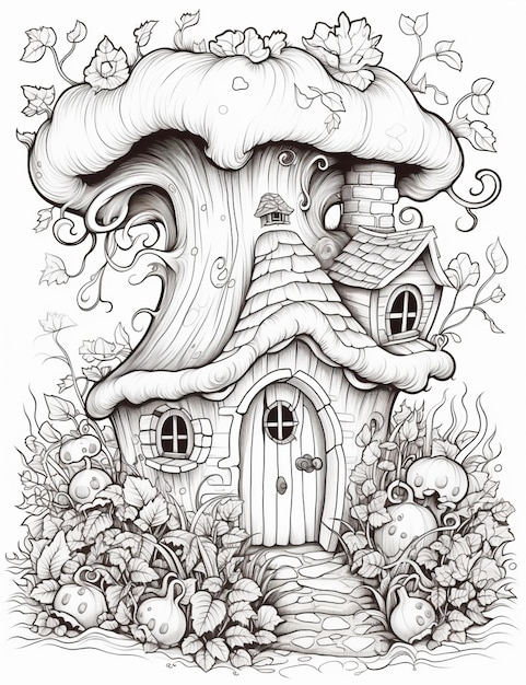 czarno-biały rysunek domku grzybowego z geneatywną sztuczną inteligencją drzewa