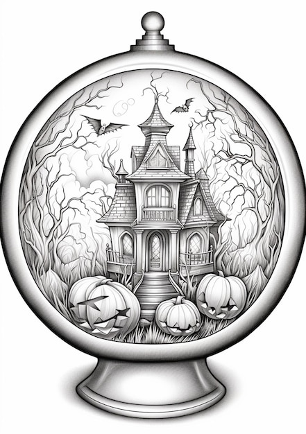 Zdjęcie czarno-biały rysunek domu na halloween wewnątrz szklanej kuli generatywnej ai