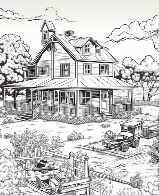 Czarno-biały rysunek domu rolniczego z ciężarówką zaparkowaną przed generatywnym ai