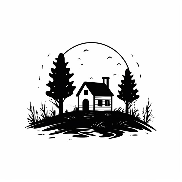 czarno-biały rysunek domu w lesie generatywnej AI