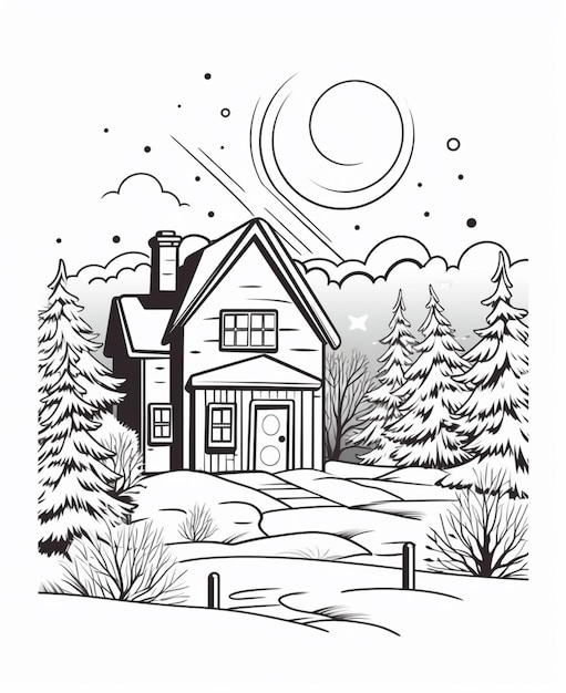 czarno-biały rysunek domu w śniegu generatywnej AI